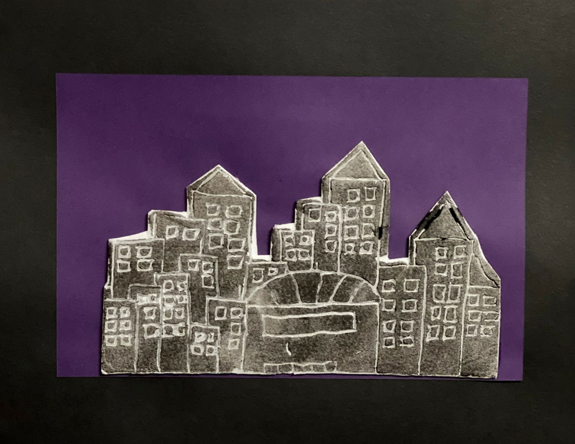 A gray cityscape at night artwork on a purple background.