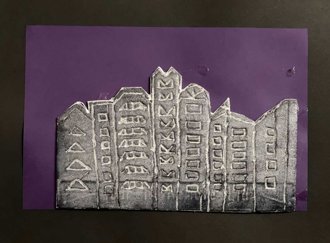 An artwork of a cityscape at night on a purple background.