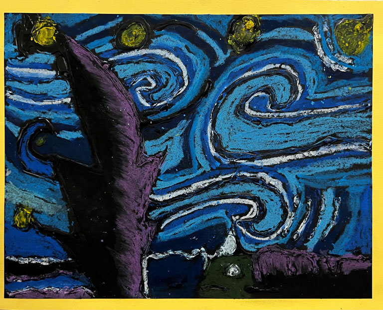 A child's artwork inspired by Van Gogh's Starry Night.