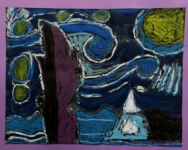 A child's artwork inspired by Van Gogh's Starry Night.