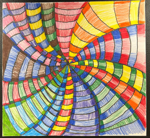 Child's multiple color spiral illusion artwork.