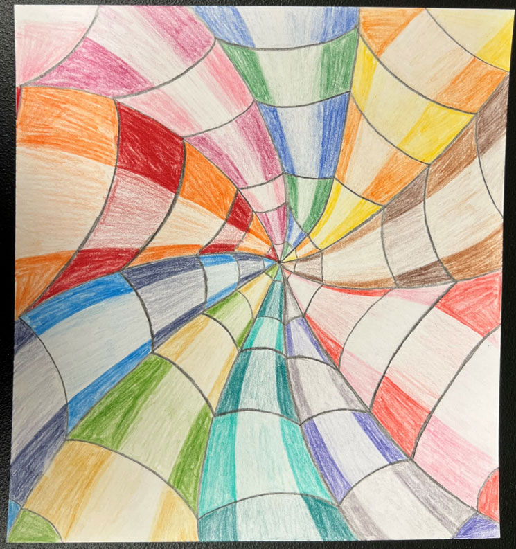 Child's multiple color spiral illusion artwork.