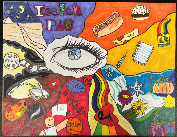 A child's art-piece which contains an eye in the middle, surrounded by different rainbow colored rays filled with different objects and scenes.